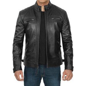Men’s  Black Decrum Real Lambskin Leather Jacket Cafe Racer Motorcycle